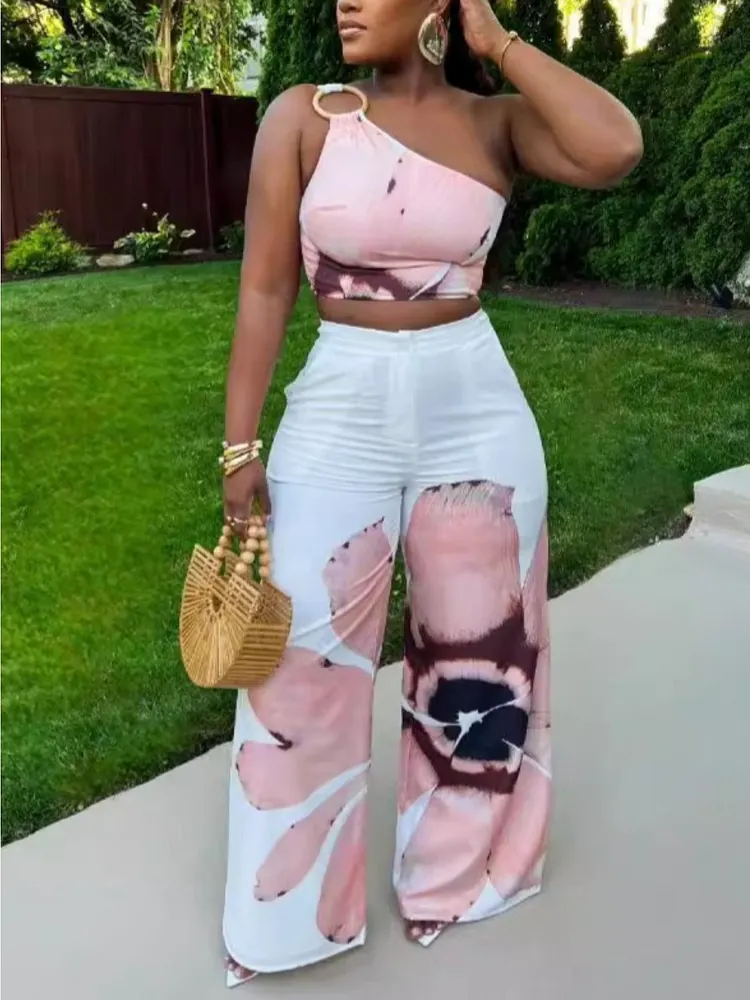 New Women's Printed One Shoulder Two-Piece Set | Summer Party Vacation Street Style Slim Fit Short Top With Wide Leg Pant