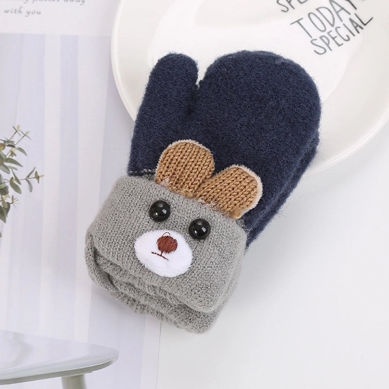 0-3 Years Old Cute Ears Bear Cartoon Children’s Gloves Winter Knitted Wool Double Plus Velvet Padded Warm