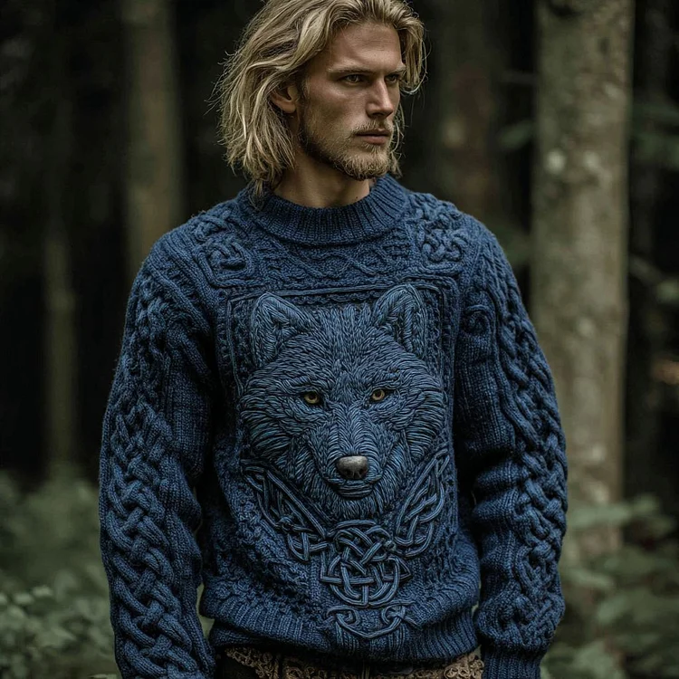 Men's Vintage Viking Wolf Knit Pullover Sweater