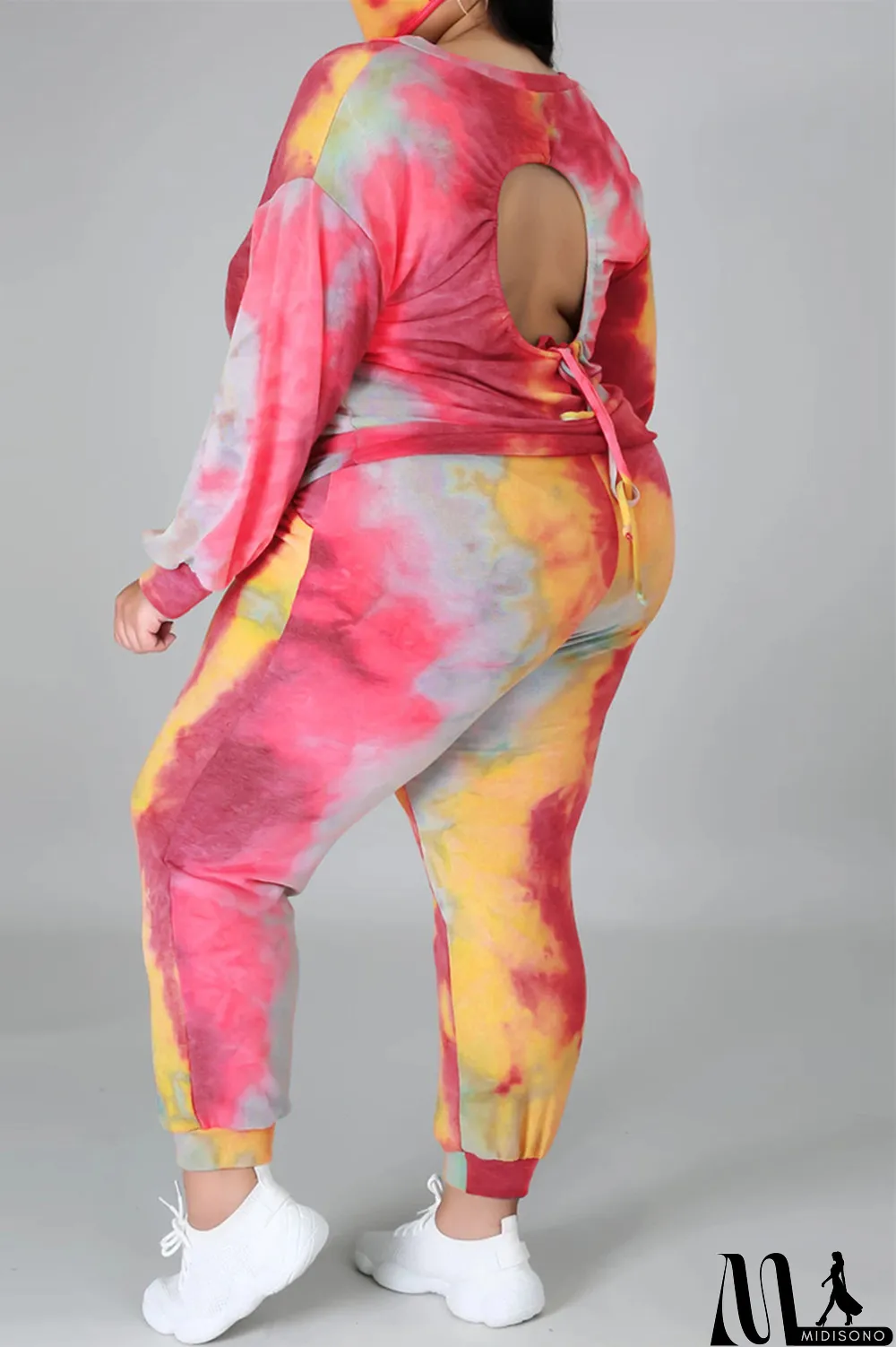 MidiSono - Multicolor Fashion Casual Print Tie Dye Backless O Neck Plus Size Two Pieces