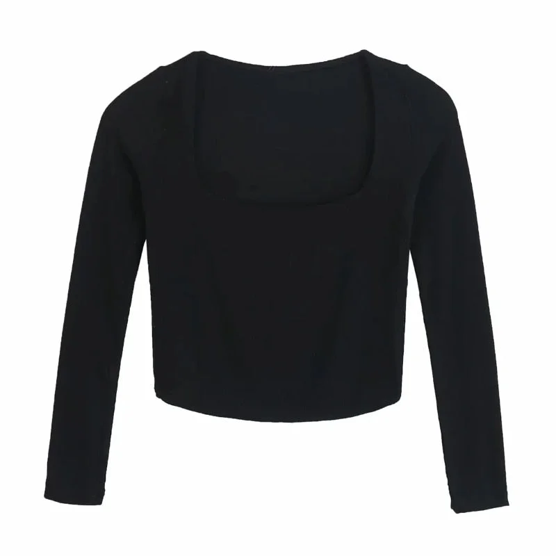 Autumn Women Square Collar Knitting Short T Shirt Casual Femme O Neck Long Sleeve Crop Tops T1380