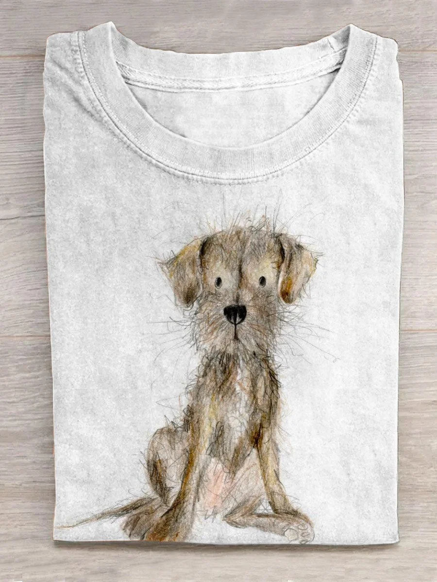 Funny Cute Dog Portrait Art Pattern Print Casual T-Shirt