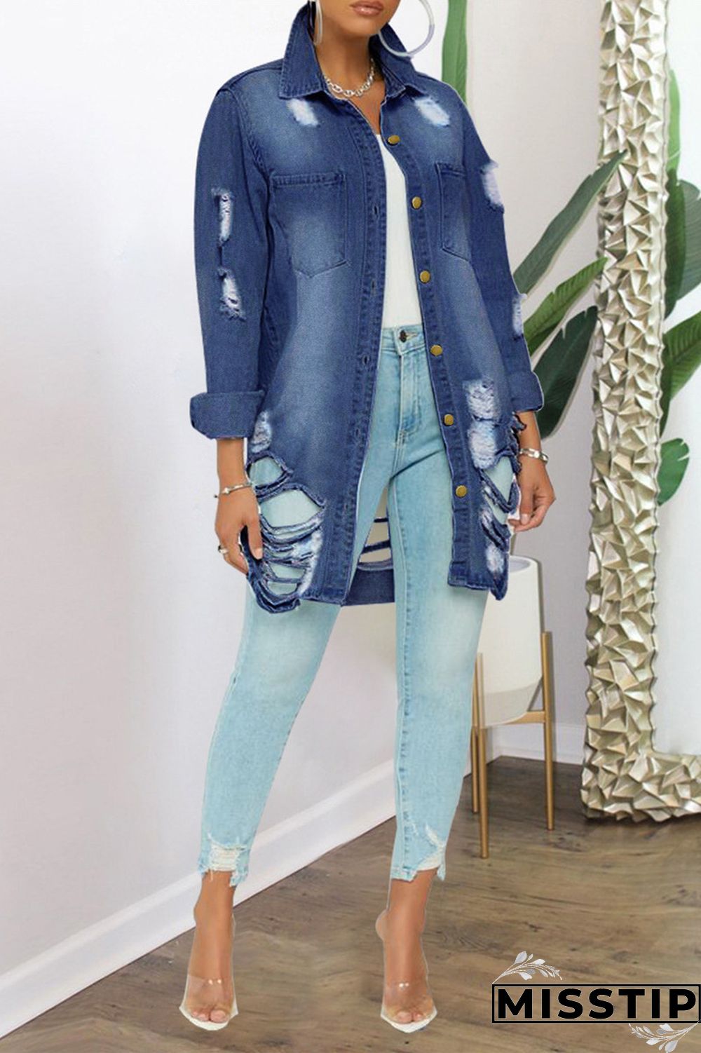 Dark Blue Fashion Casual Solid Ripped Turndown Collar Plus Size Overcoat