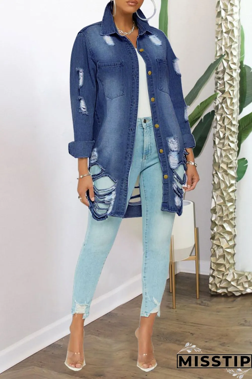 Dark Blue Fashion Casual Solid Ripped Turndown Collar Plus Size Overcoat
