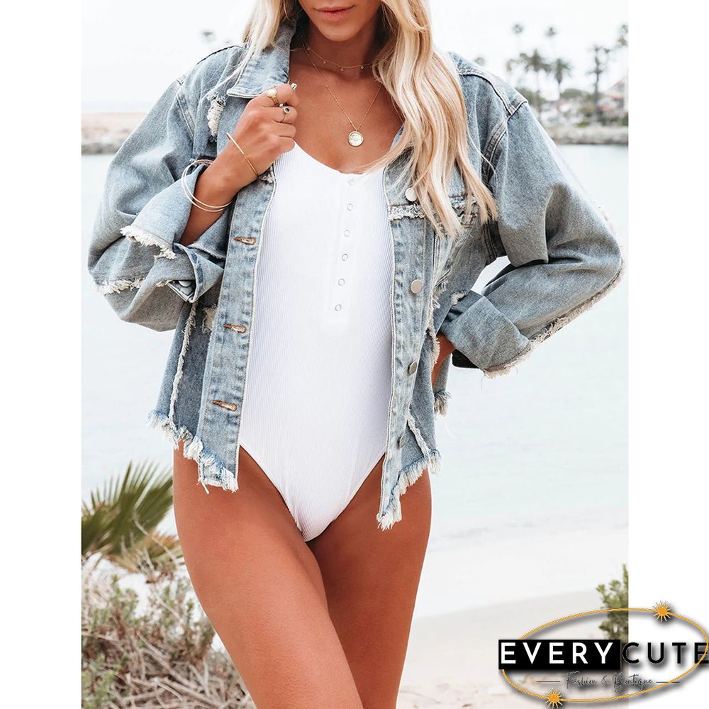 Light Blue Distressed Raw Hem Denim Jacket