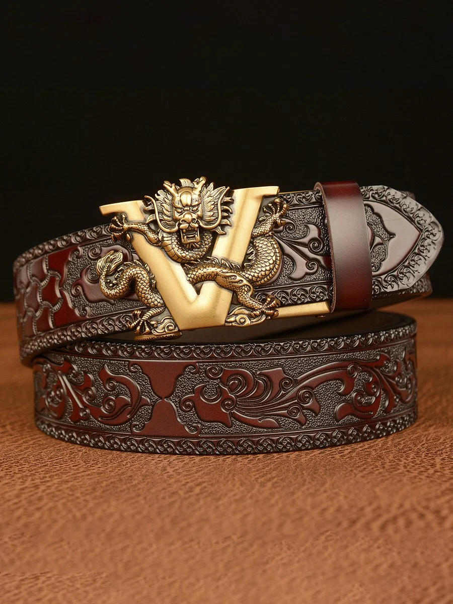 V-Dragon retro automatic buckle men's belt with real cowhide carved
