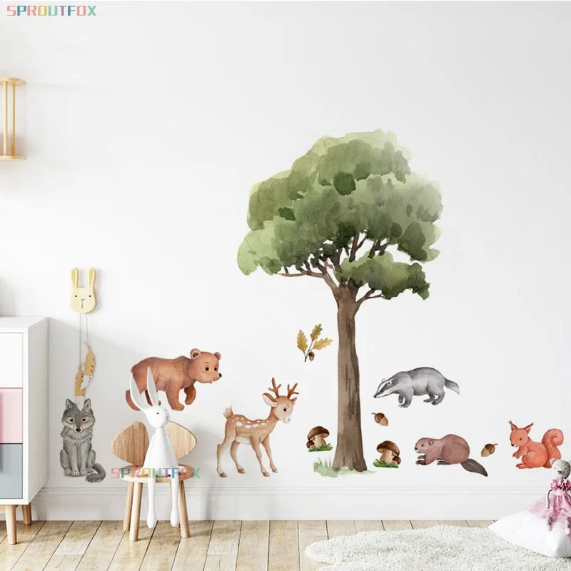 Big Green Tree Wall Sticker Forest Animals Decals Squirrel Bear Deer for Baby Room Nursery Home Decoration Cute Animal Mural PVC