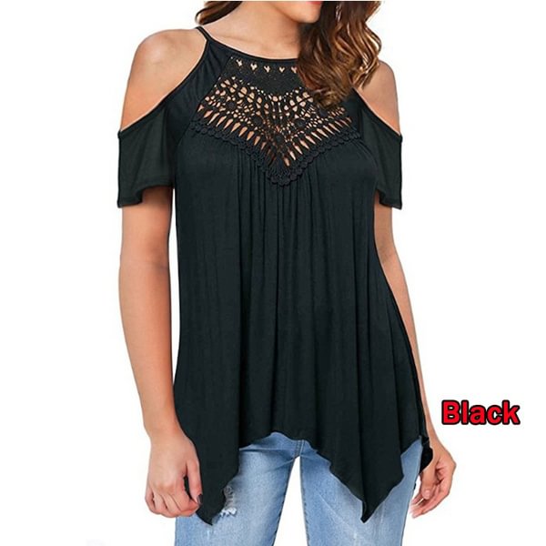Summer Women Off Shoulder Short Sleeve T-shirts Plus Size Solid Color Tops Loose Lace Ruffle Cotton Shirts Casual Spaghetti Strap Blouse Tunic Tops Camisole T Shirts 8XL - Chicaggo