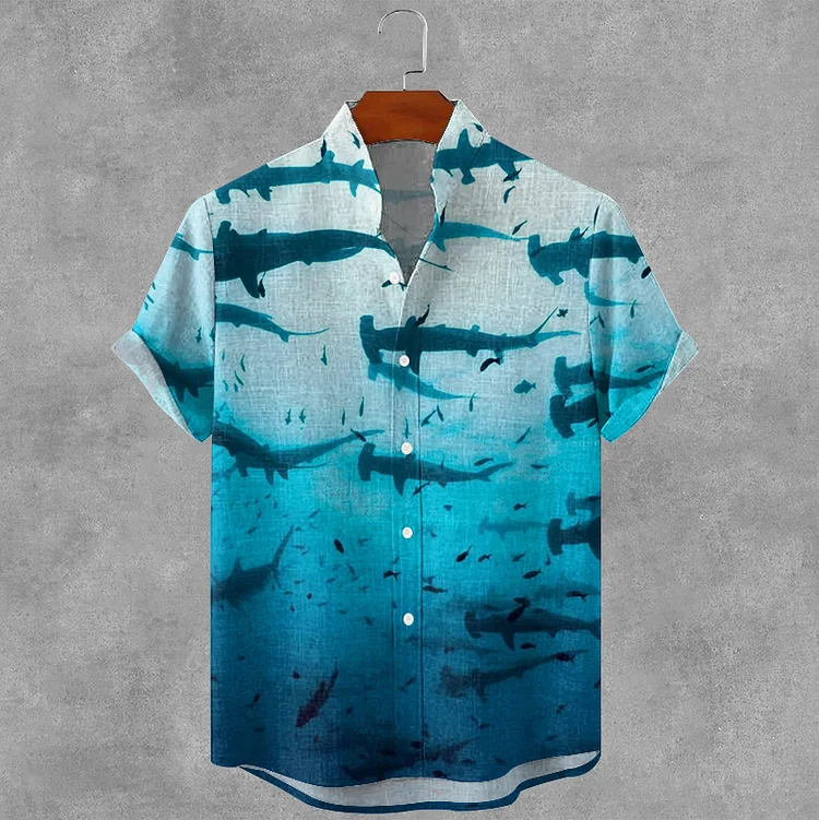 Men's Retro Ocean Deep Sea Shark Art Print Casual Short Sleeve Shirt