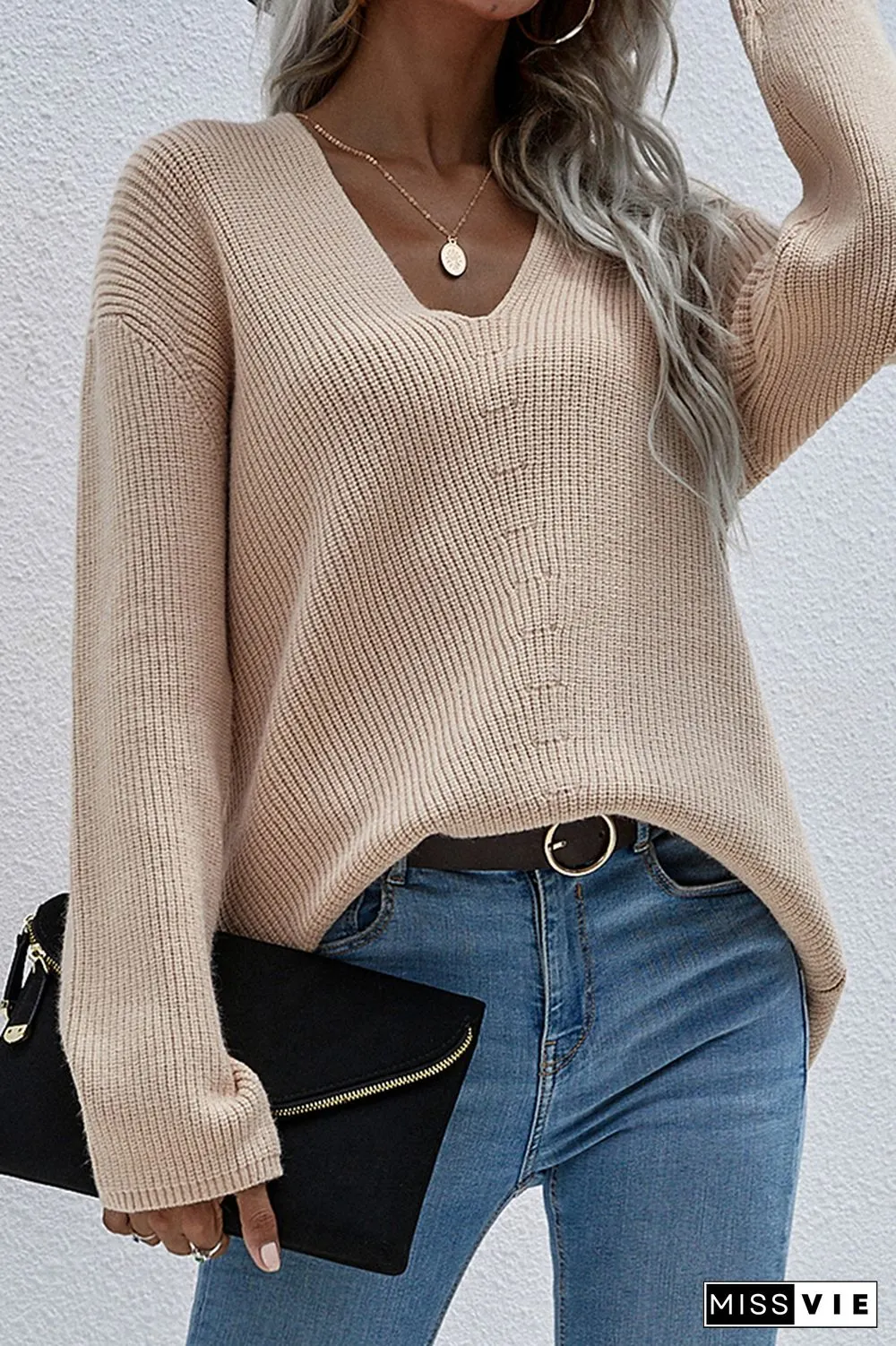 V-neck Long Sleeves Loose Solid Color Pullover Sweater Wholesale