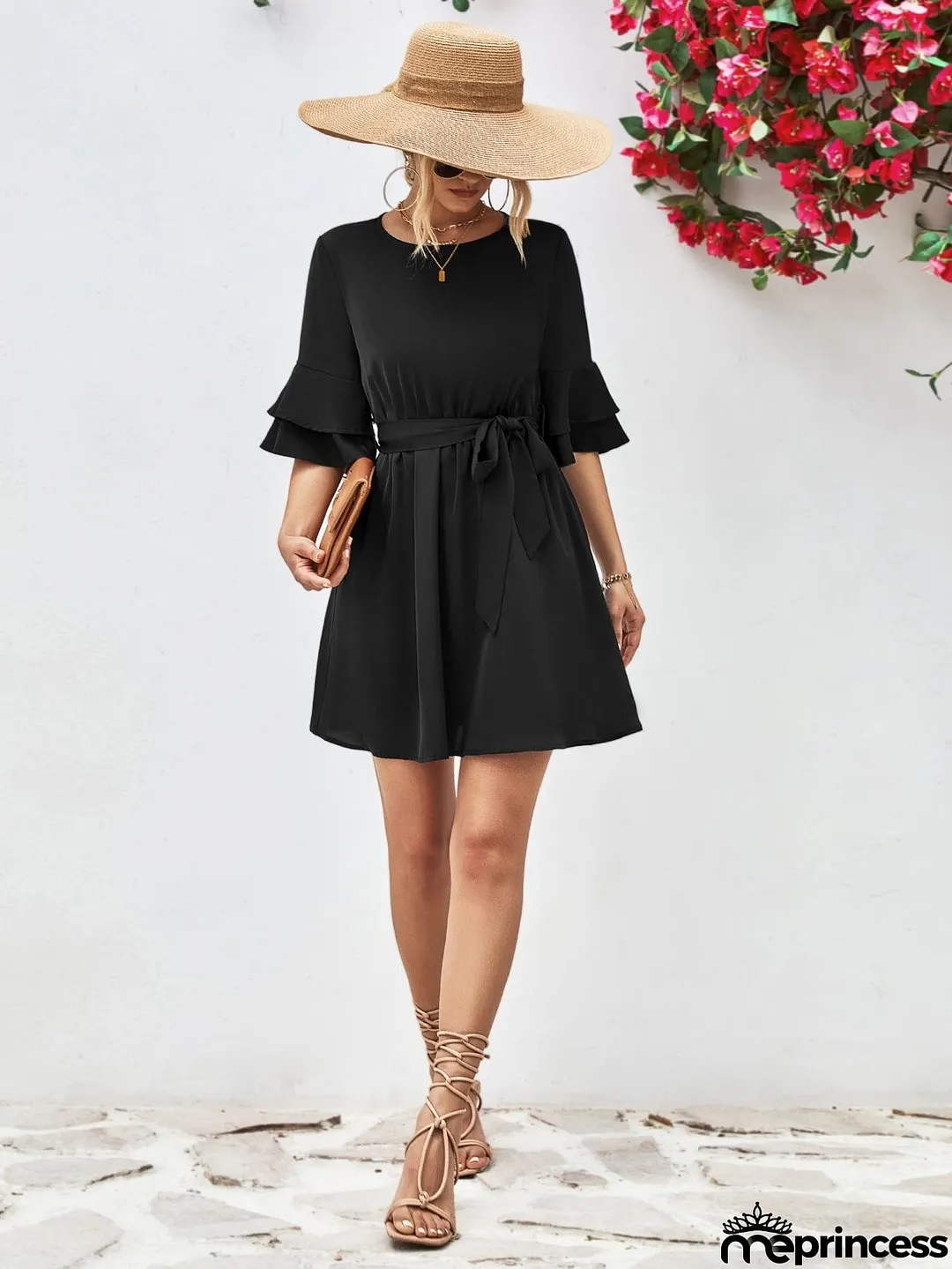 Round Neck Tie Belt Flounce Sleeve Dress