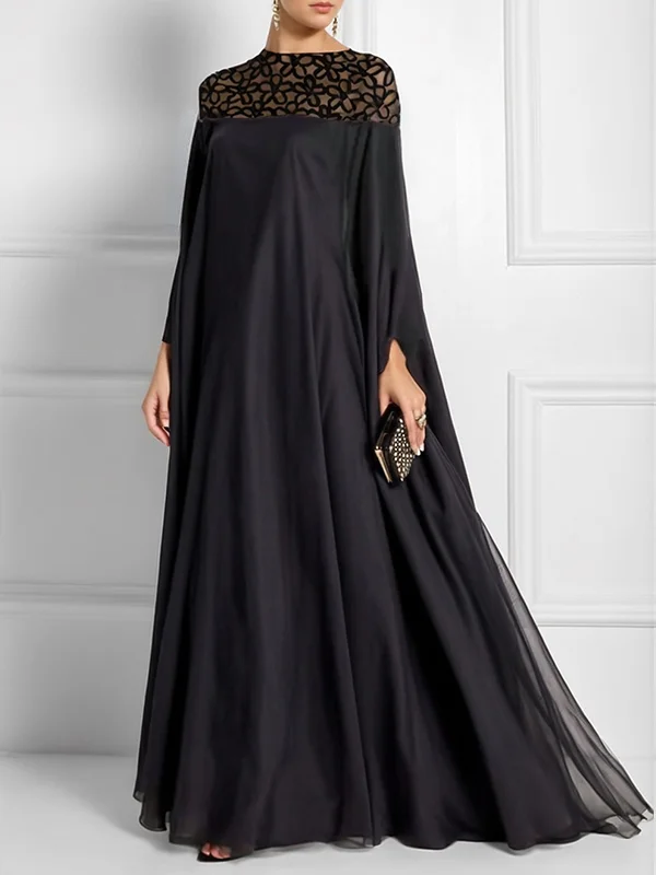 Batwing Sleeves Loose Jacquard See-Through Solid Color Split-Joint Three-Dimensional Flower Round-Neck Maxi Dresses