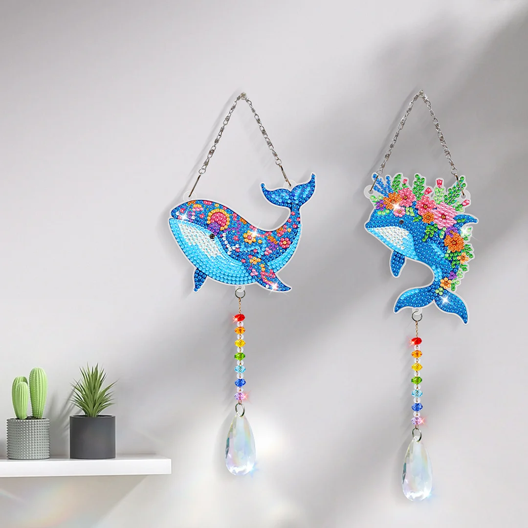 2Pcs Dolphin DIY Double-Sided Diamond Painting Hanging Kits Diamond Painting Suncatcher Craft Kit for Home Garden Wall Decor Gift