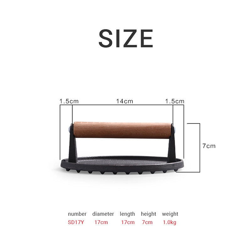 Cast Iron Round Meat Press Hamburger Meat Press Uncoated Thickened Striped Teppanyaki Tool Wooden Handle Anti-scalding Household