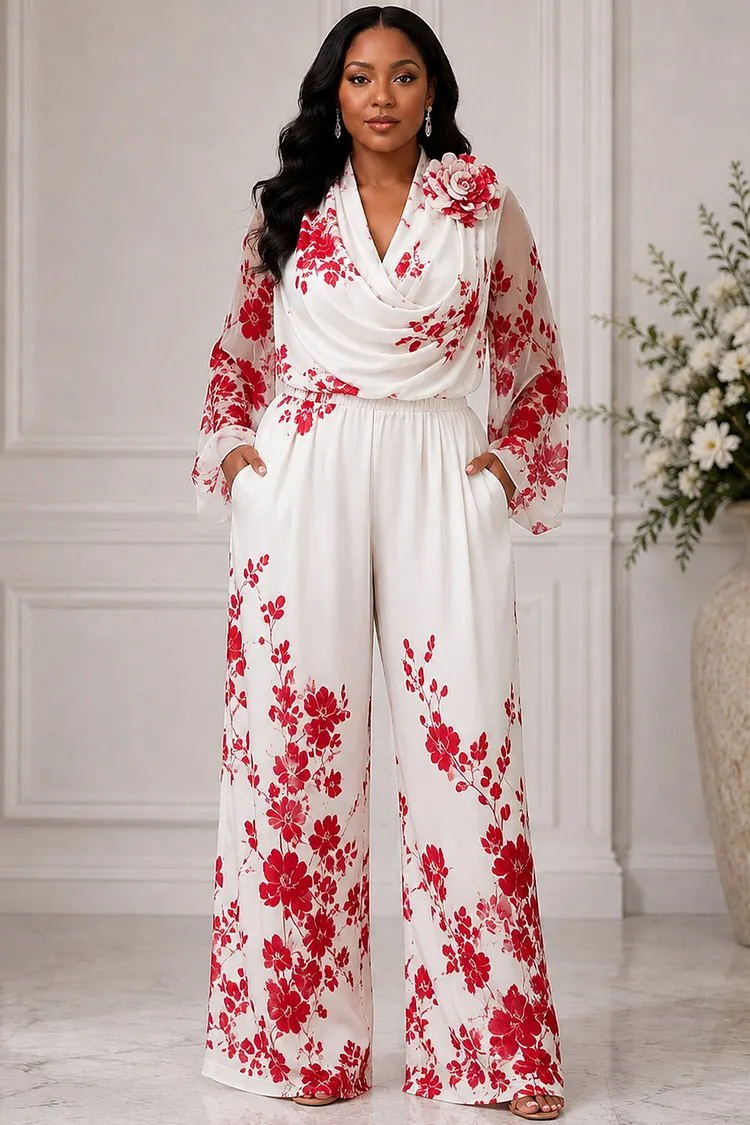 Xpluswear Design Plus Size Wedding Guest White Floral Cowl Neck Long Sleeve Pocket Pull-On Waist Two Piece Pant Sets [Pre-Order] 2024 - Xpluswear