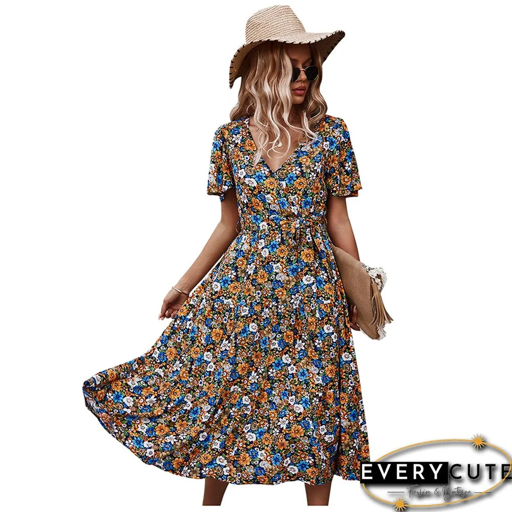 Blue Floral Print V Neck Short Sleeve Dress