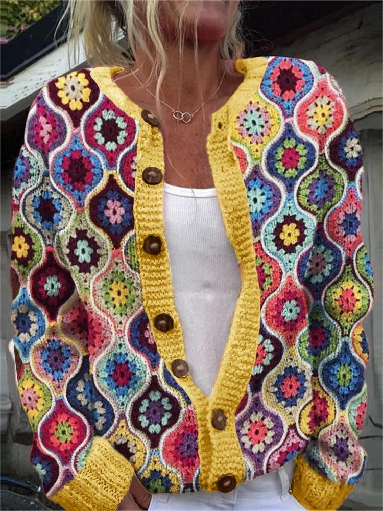 Boho Ethnic Colorful Floral Crochet Cozy Cardigan