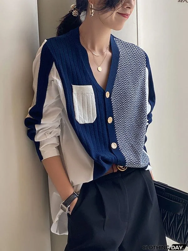 Urban Long Sleeves Contrast Color Split-Joint V-Neck Cardigan Tops