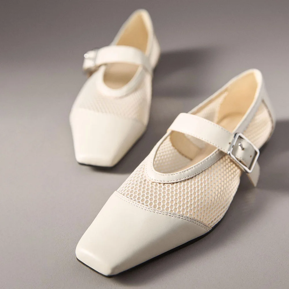 Ivory Square Toe Mesh Patchwork Buckle Strap Flat Shoes Women