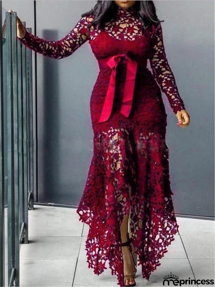 Stunning Waist Tie Lace Design Asymmetric Hem Dress for Prom