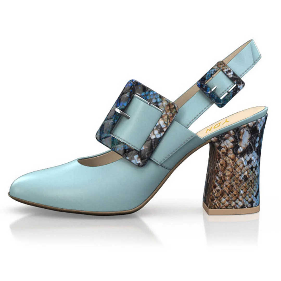 YDN Stylish Light Blue Snakeskin Round Toe Buckle Slingback Heels