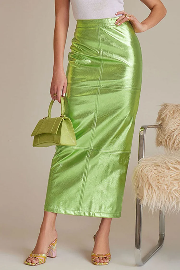 Sheen Metallic Finish Bodycon Slit Party Midi Skirt