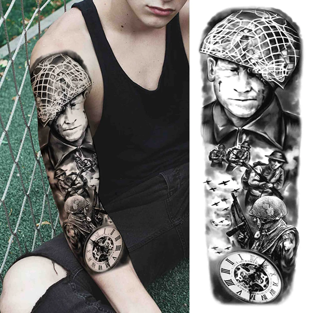 Flower Temporary Tattoo For Women Men Adult Full Arm Demon Wings Tattoos Sticker Sleeve Fake Black Skull God Tatoos Shoulder 1103-1