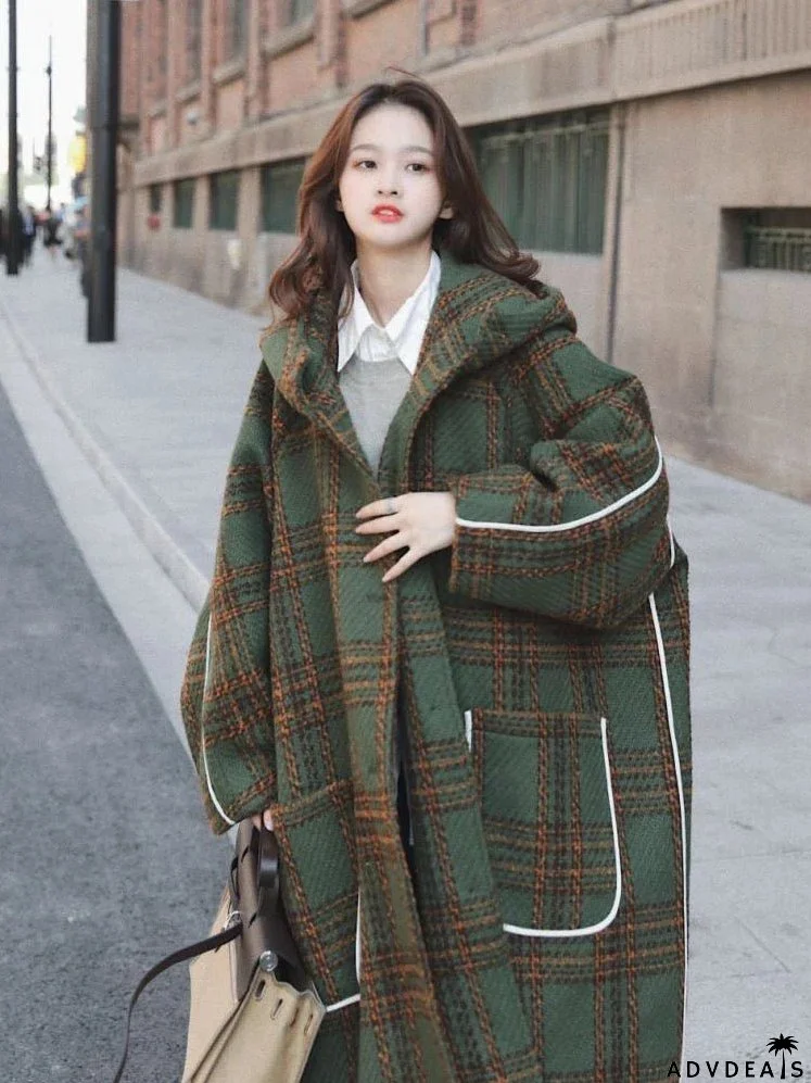 Autumn Winter Long Oversized Warm White Patchwork Wool Blends Hood Runway Korean Fashion Stylish Coat