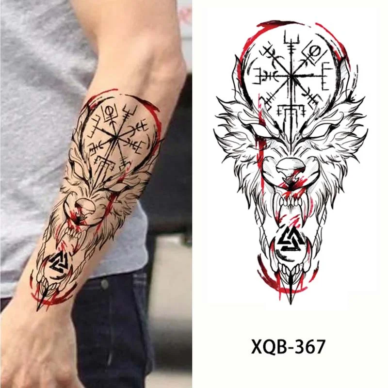 Sdrawing Forest Tattoo Sticker for Men Women Tiger Wolf Death Skull Temporary Tattoo Fake Henna Skeleton King Animal Tatoo Pattern
