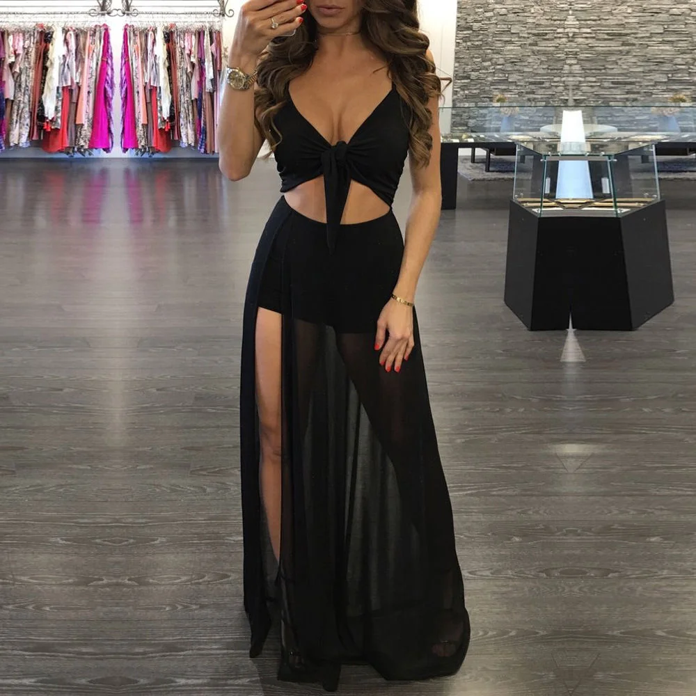 Women  Beach Bikini Cover-Ups Dresses Summer Solid V-Neck Dresses Bandage Regular Boho Tulle Long Maxi Dress Beachwear Dress
