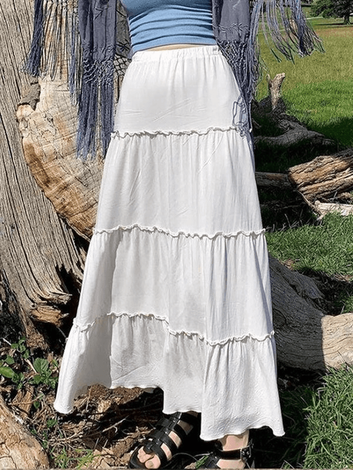 Brownm Solid Color Tiered Midi Skirt