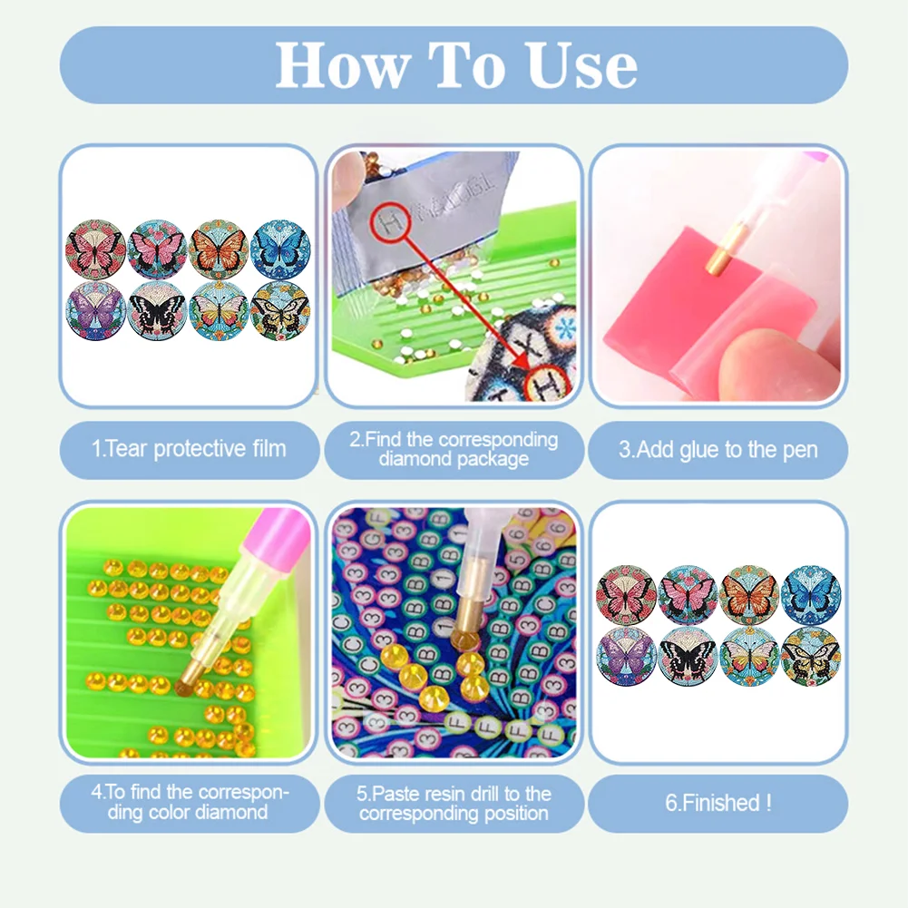 8pcs Butterfly DIY Diamond Painting Coasters Kits with Holder Wooden Coaster
