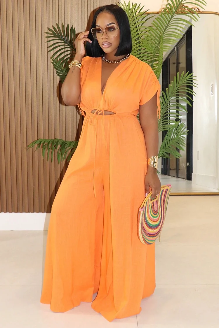 V Neck Ruched Sleeve Cutout Daily Solid Wide Leg Jumpsuit-Orange [Pre Order]