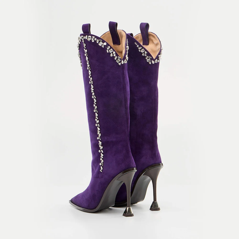 Purple Pointed Toe Geometric Heel Rhinestone Knee High Cowgirl Boots