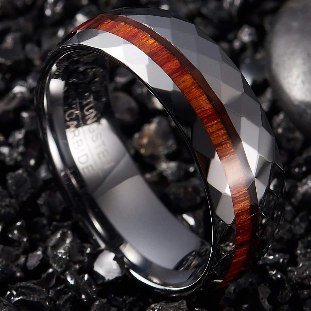 8MM Tungsten Matching Mens Women Domed Wood Inlay Tungsten High Polished Faceted Couple Wedding Rings Comfort Fit