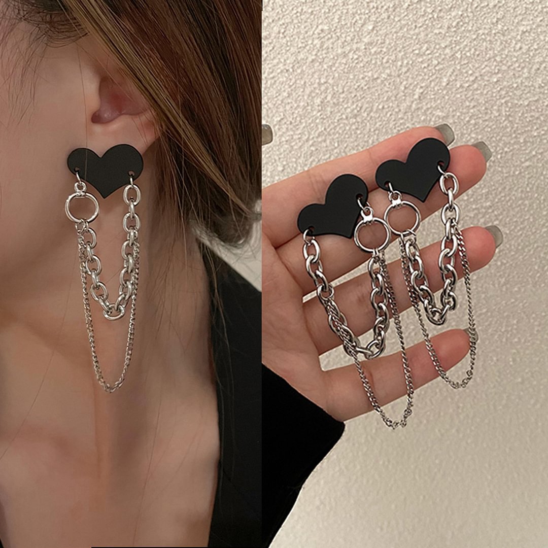 Black Love Double Chain Tassel Retro Long Earrings