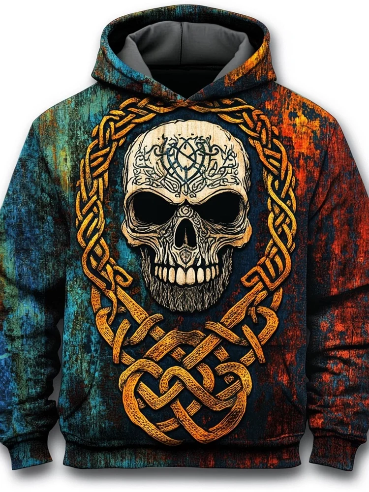 Men's Viking Celtic Skull Embroidered Washed Hoodie