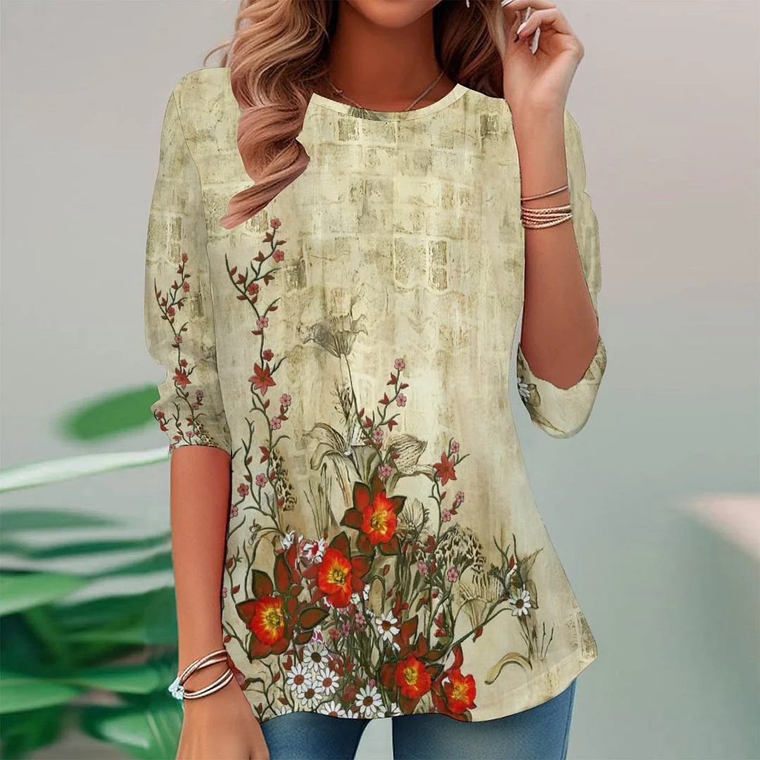 Vintage Printed Long Sleeve Plus Size Tunic for  Women and Men Unisex Pattern Floral,Red,Beige,Gray