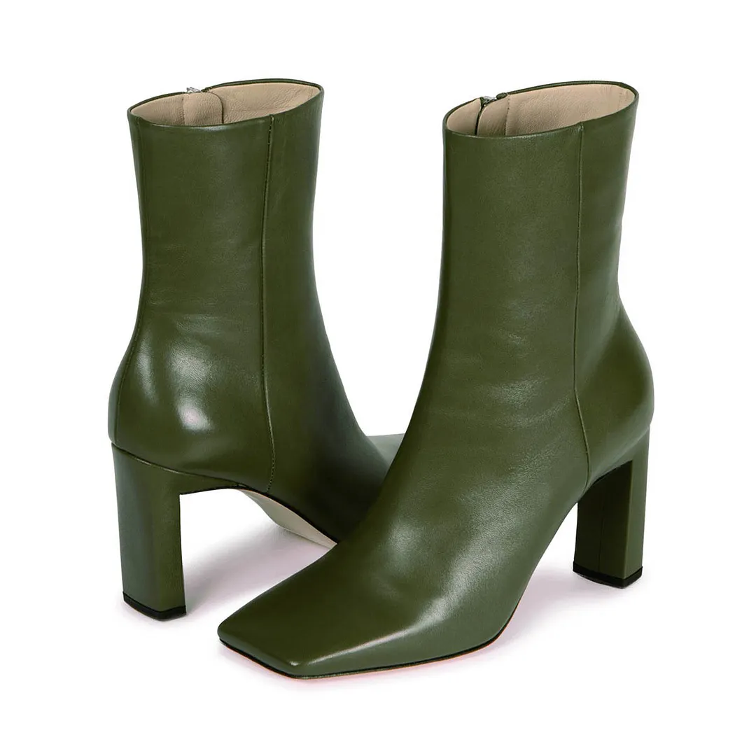 Olive Vegan Leather Square Toe Ankle Zipper Chunky Heel Boots