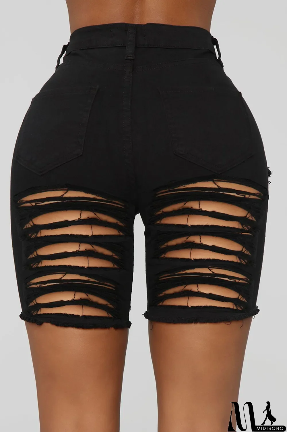 MidiSono - Black Casual Solid Ripped Mid Waist Skinny Denim Shorts