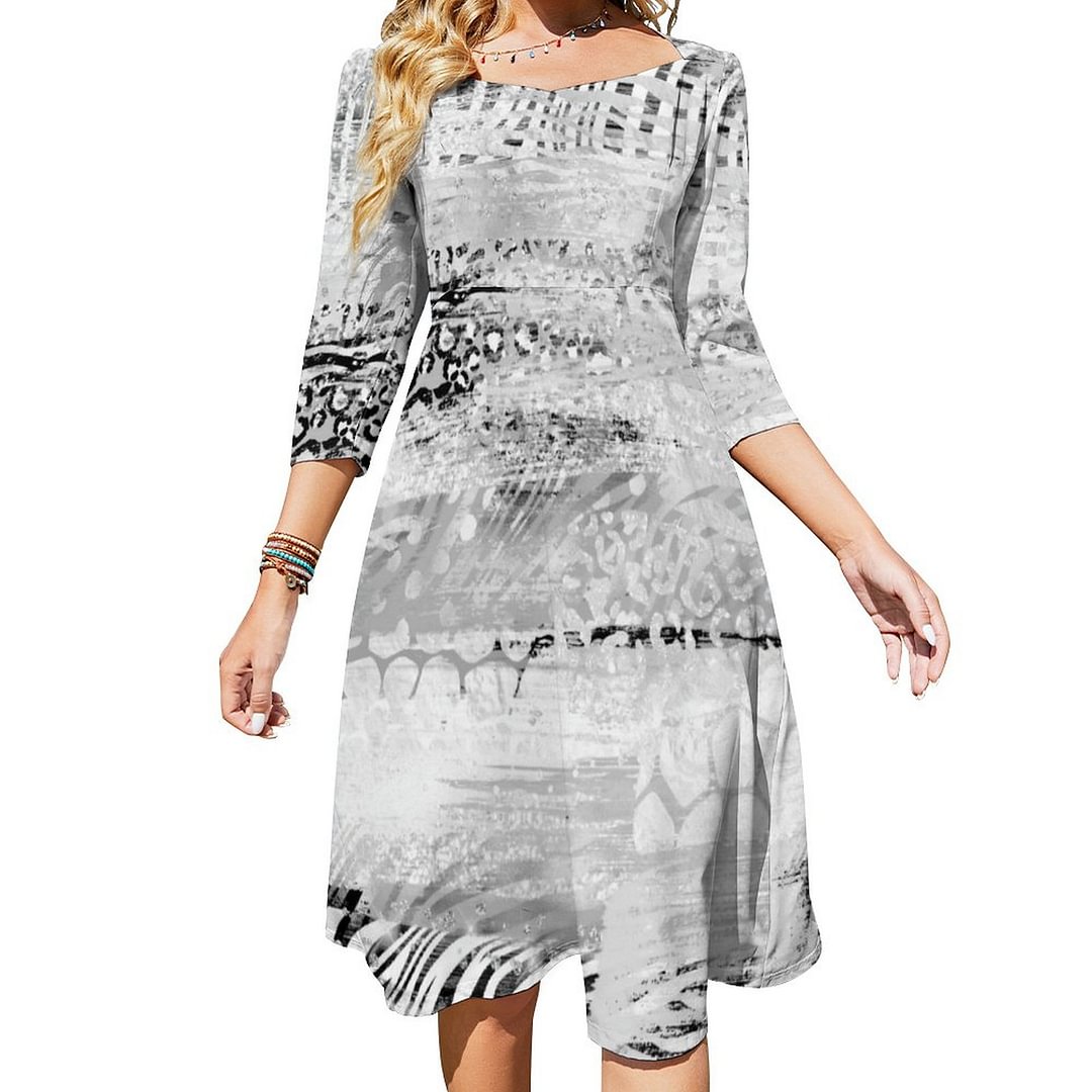 Modern White Animal Print Mix Abstract Dress Sweetheart Tie Back Flared 3/4 Sleeve Midi Dresses