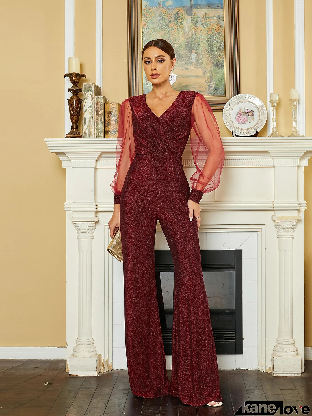 V-Neck Pleated Lantern Sleeve Long Sleeve Jumpsuits RM20545