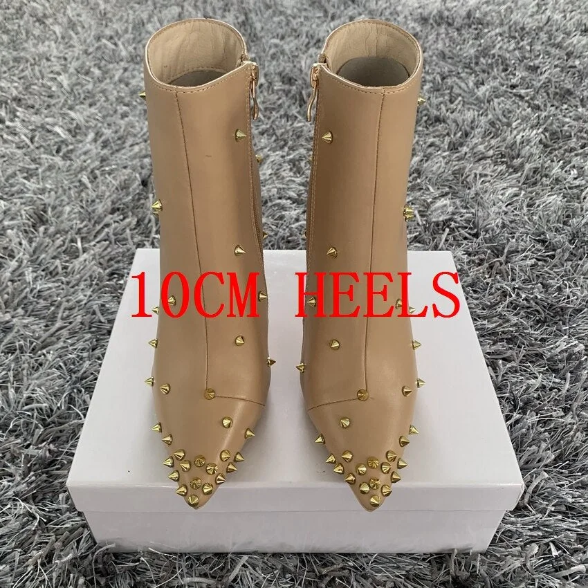 2020 Fashion Women Boots 10cm High Heels Rivets Ankle Boots Plus Size 42 Thin Heels Winter Boots Stiletto PU Leather Black Shoes