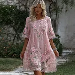 Women's Vintage Floral Art Print Flowy Linen Blend Casual Short Sleeve Mini Dress - Image 2