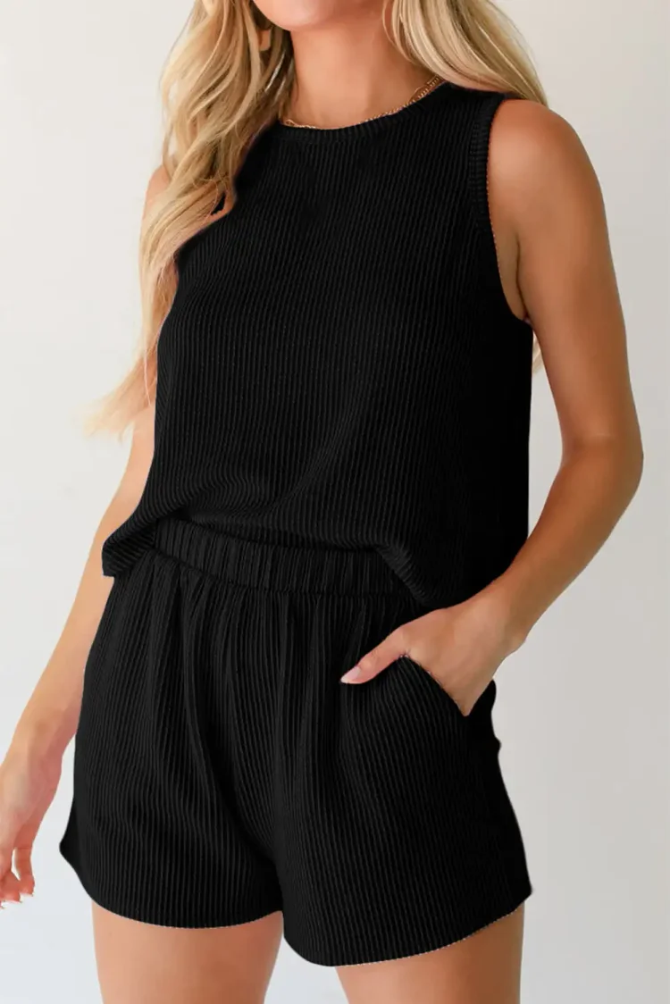 cool black corded sleeveless top and pocketed shorts set