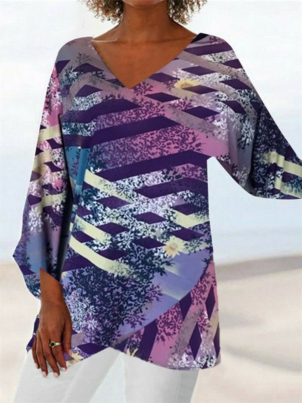 Women Long Sleeve V-neck Striped Gradient Top Dress