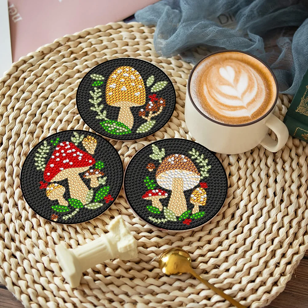 6pcs DIY Mushroom Acrylic Diamond Painting Coasters with Holder Cork Pads