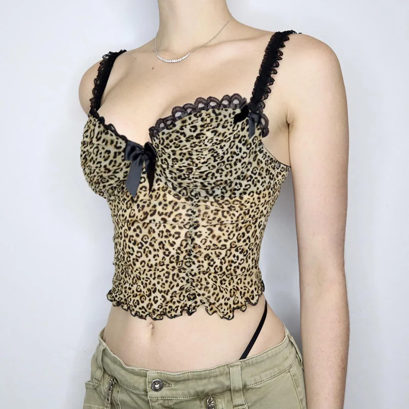 Toloer Toloer Hot Girl Leopard Print Mesh Gauze Bow Sling V Collar Lace Stitching Slim Wooden Ear Vest-Outfit Ideas