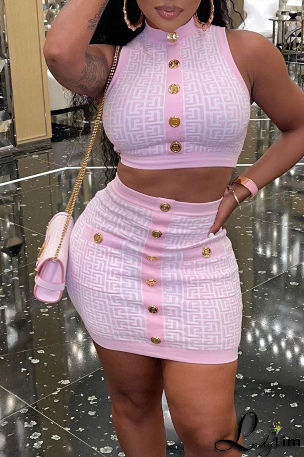 Black Sexy Print Patchwork Buttons O Neck Sleeveless Two Pieces