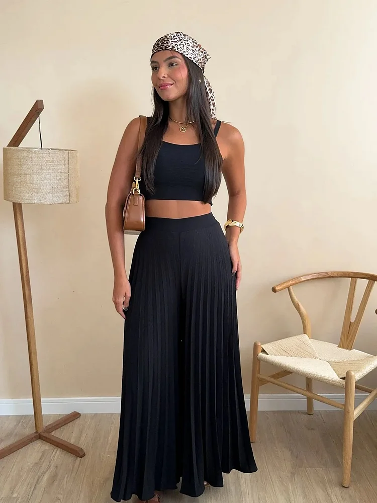 Camisole Pleated Loose Wide Leg Pants Two-piece Set